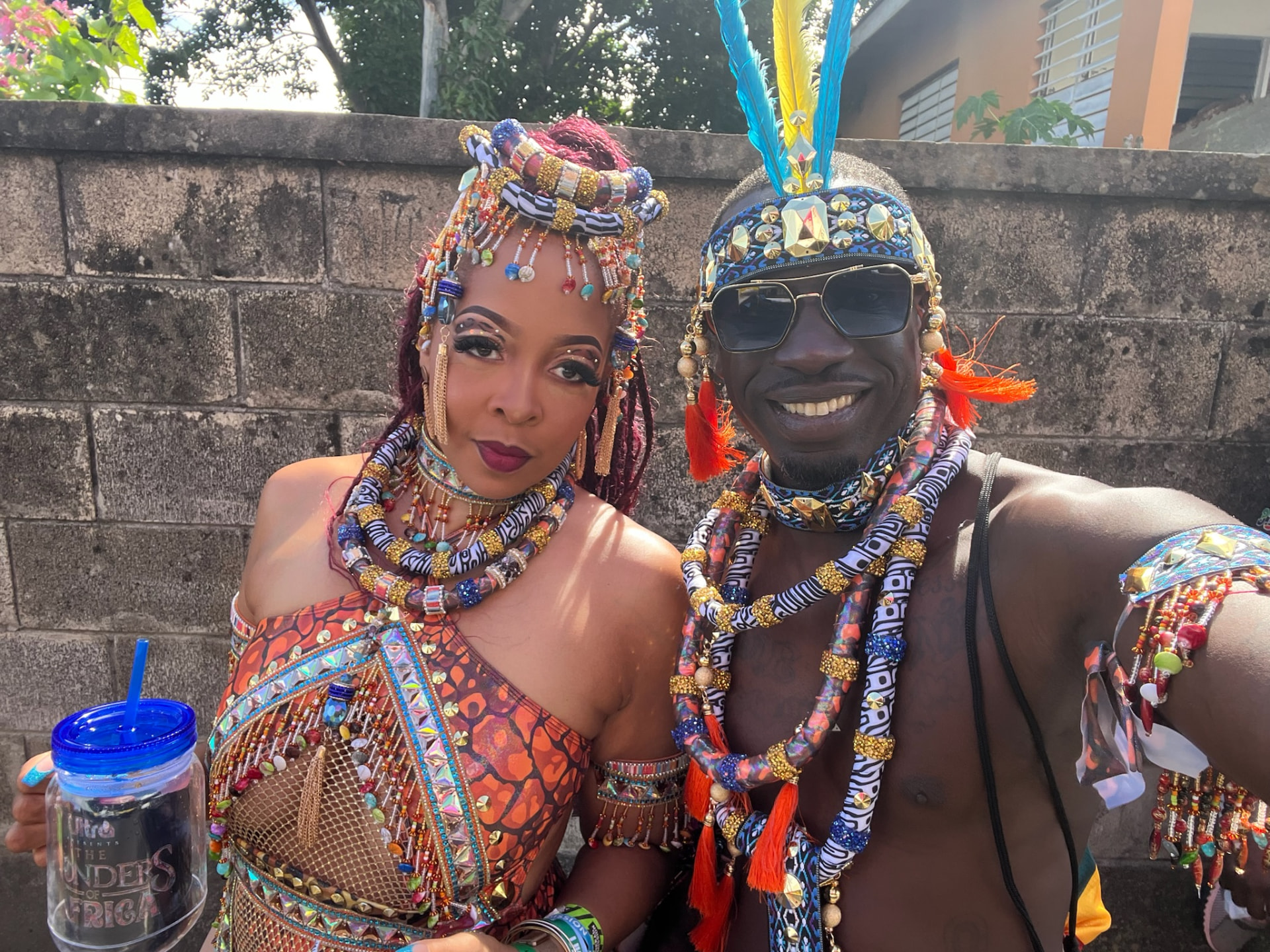Shawn and Daimon in African-inspired Carnival costumes